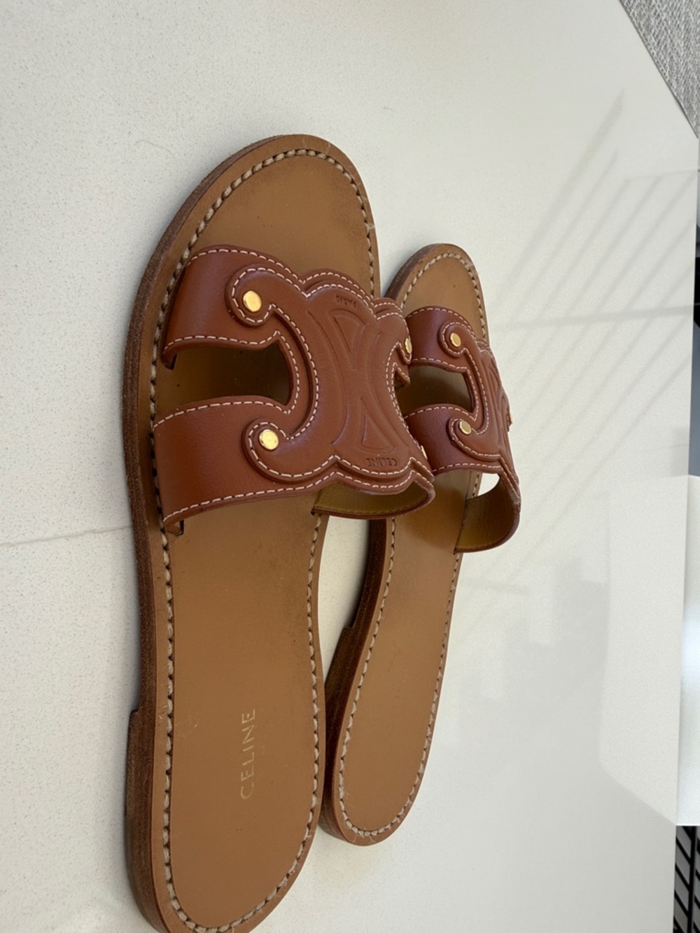 Celine Tan Brown Leather Logo Slide Sandals with Gold Studs - Picture 2 of 5